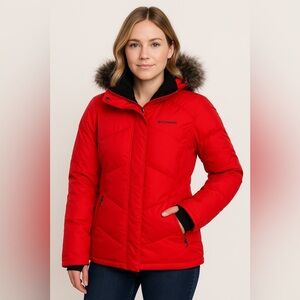 Columbia  Lay 'D' Down Puffer Jacket w/Faux Fur Removable Hood in Cherrybomb Red